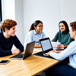 A diverse group of young adult students, aged 18-22, in a brightly lit, modern collaborative workspace. They are engaged in an online project, seated around a large table with laptops and tablets open, displaying various digital collaboration tools like shared documents, video conference calls, and project management boards. Their expressions are focused and collaborative, with some gesturing while discussing. They are dressed in casual, modest clothing and appropriate attire. The overall scene is dynamic and professional. Perfect anatomy, correct proportions, natural pose, well-formed hands, proper finger count, natural body proportions, fully clothed, safe for work, appropriate content, professional.