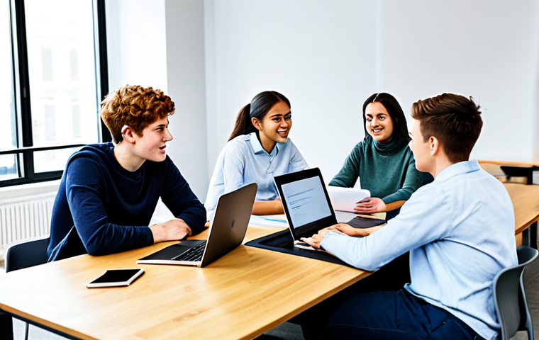 A diverse group of young adult students, aged 18-22, in a brightly lit, modern collaborative workspace. They are engaged in an online project, seated around a large table with laptops and tablets open, displaying various digital collaboration tools like shared documents, video conference calls, and project management boards. Their expressions are focused and collaborative, with some gesturing while discussing. They are dressed in casual, modest clothing and appropriate attire. The overall scene is dynamic and professional. Perfect anatomy, correct proportions, natural pose, well-formed hands, proper finger count, natural body proportions, fully clothed, safe for work, appropriate content, professional.