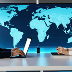 A diverse group of five professional adults, fully clothed in modest, appropriate attire, are engaged in a global online collaborative learning session. They appear on individual screens within a sleek, modern digital interface, unified by a glowing, abstract world map background that symbolizes connection. Each person exhibits a natural pose and perfect anatomy, with well-formed hands and correct proportions, actively participating in a discussion. Subtle digital overlays of AI-generated insights and data visualizations enhance their collaborative interaction. The scene conveys an atmosphere of synergy and cross-cultural understanding. Safe for work, appropriate content, professional, family-friendly, high-quality digital illustration, cinematic lighting.