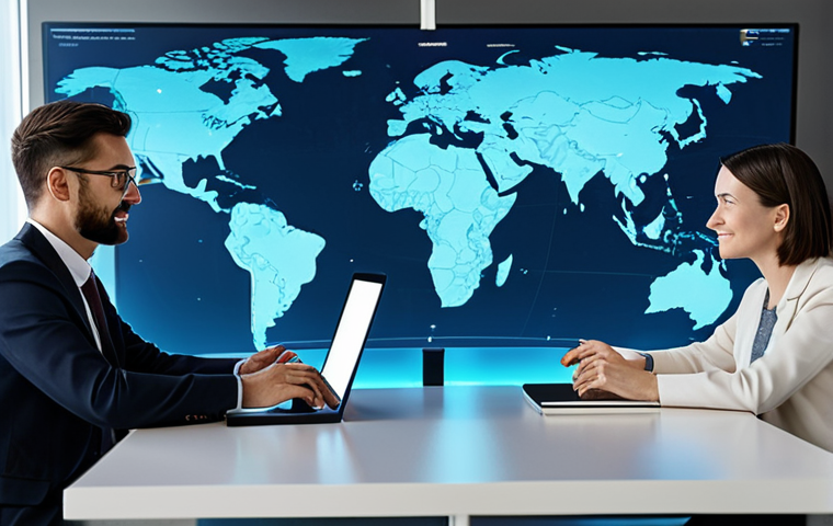 A diverse group of five professional adults, fully clothed in modest, appropriate attire, are engaged in a global online collaborative learning session. They appear on individual screens within a sleek, modern digital interface, unified by a glowing, abstract world map background that symbolizes connection. Each person exhibits a natural pose and perfect anatomy, with well-formed hands and correct proportions, actively participating in a discussion. Subtle digital overlays of AI-generated insights and data visualizations enhance their collaborative interaction. The scene conveys an atmosphere of synergy and cross-cultural understanding. Safe for work, appropriate content, professional, family-friendly, high-quality digital illustration, cinematic lighting.
